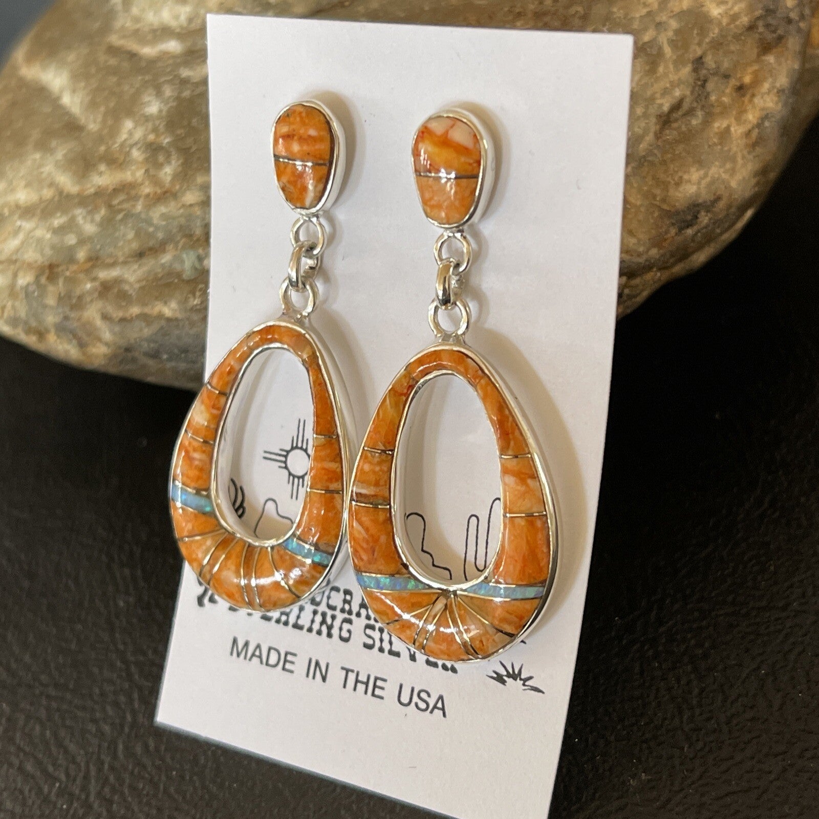 Womens Opal & Spiny Oyster Inlay Navajo Sterling Silver Dangle Earrings 19139