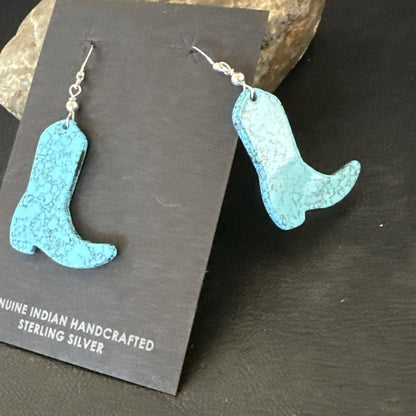 Western Cowboy Boots Navajo Slab Blue Turquoise Sterling Silver Earrings 17875