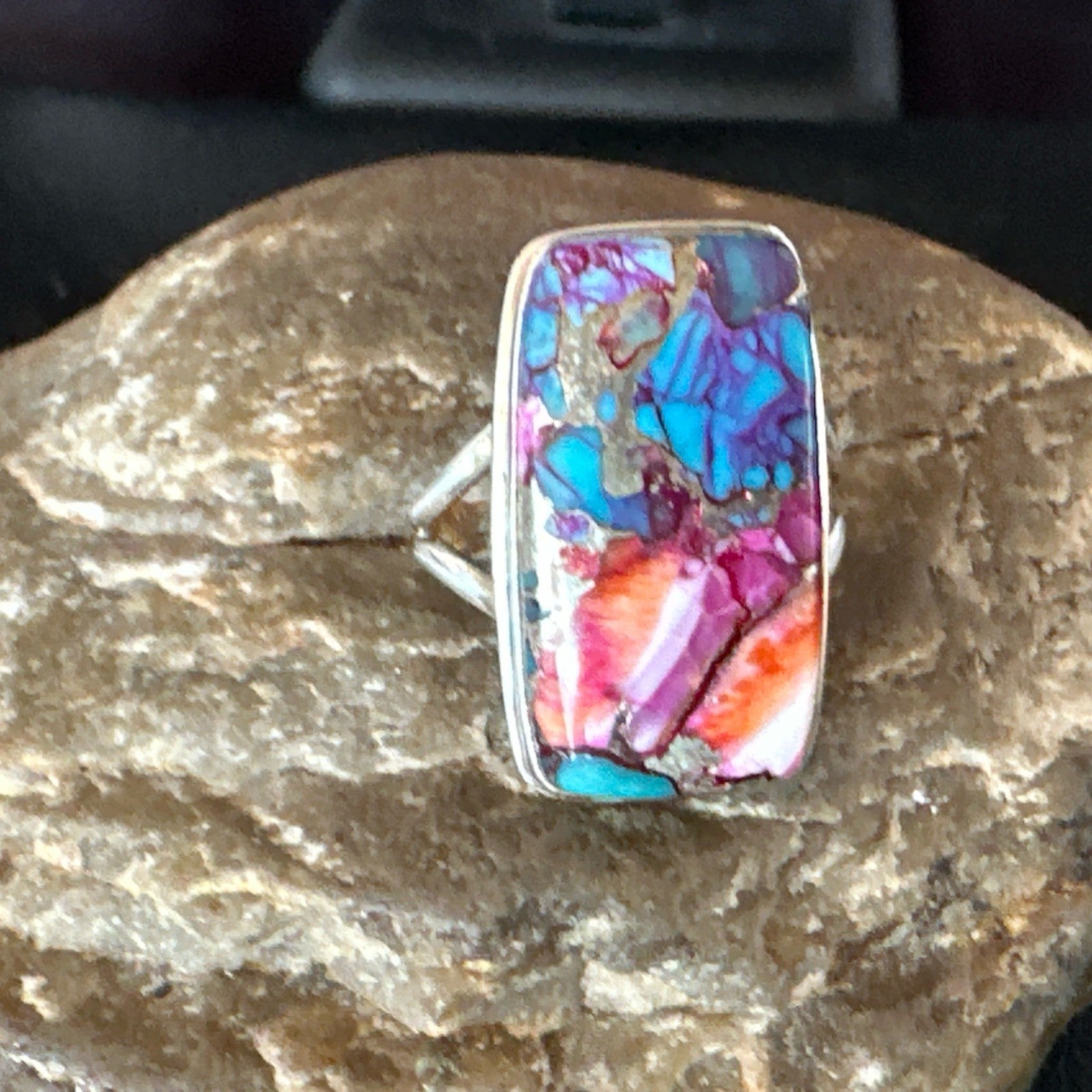Blue Turquoise Spiny Oyster Southwestern Sterling Silver Ring Size 9 19059