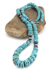 Navajo Blue Turquoise Graduated Necklace 32" | Sterling Silver | Authentic Native American Handmade | 1338