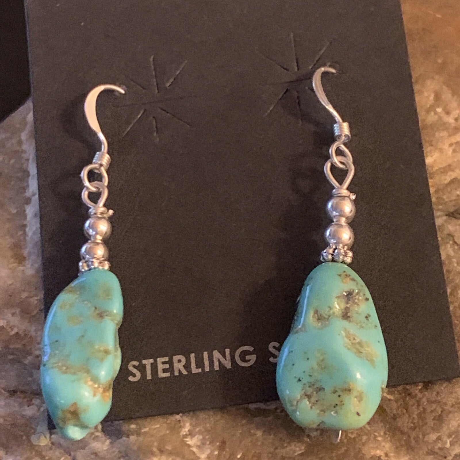 Blue Turquoise Nugget Sterling Silver Beads Navajo Earrings 1" 12892