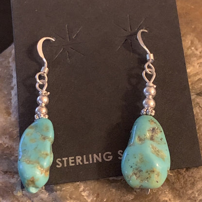 Blue Turquoise Nugget Sterling Silver Beads Navajo Earrings 1" 12892