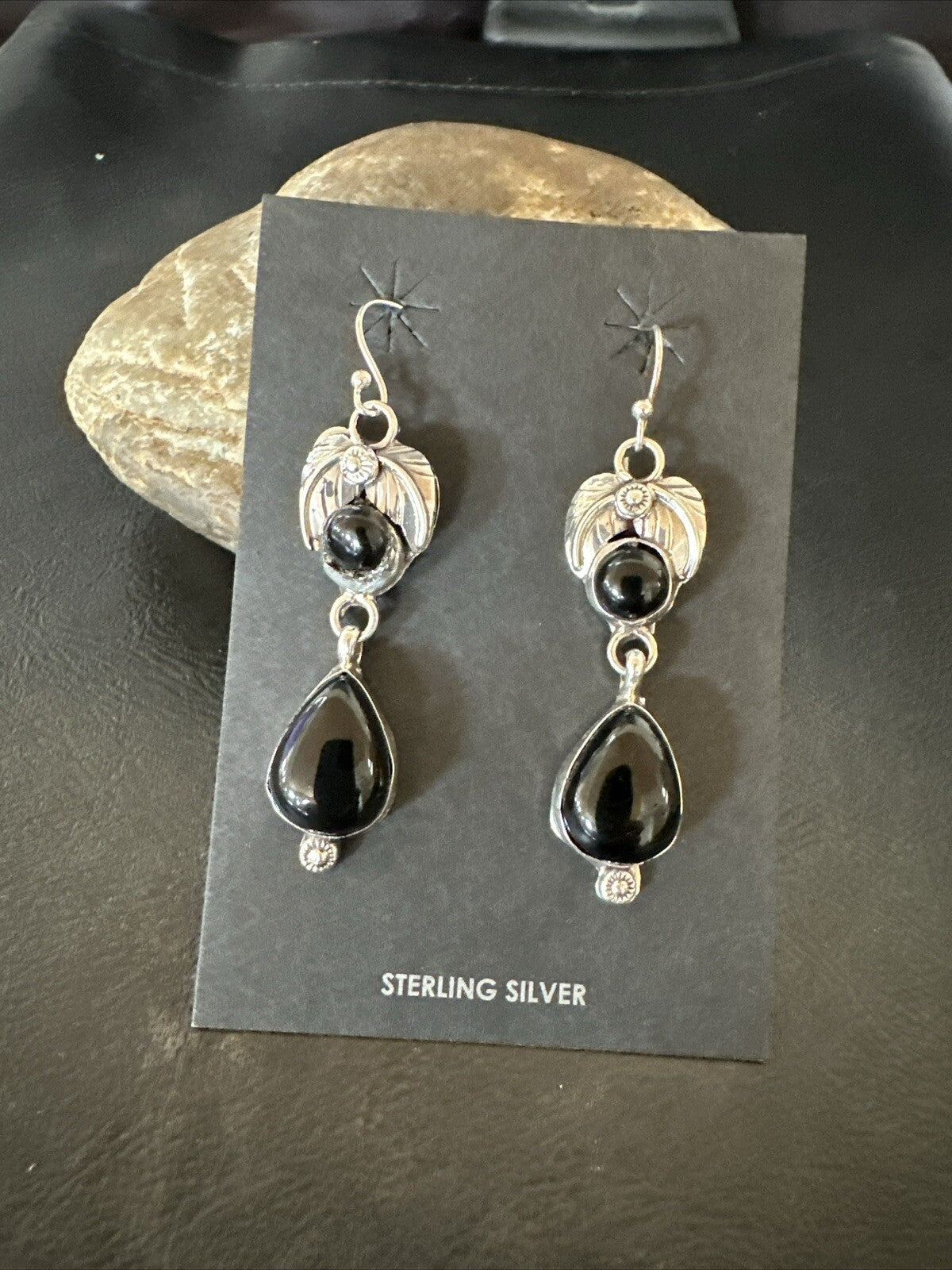 Black Onyx Navajo Sterling Silver Dangle Earrings 1.5" 18284