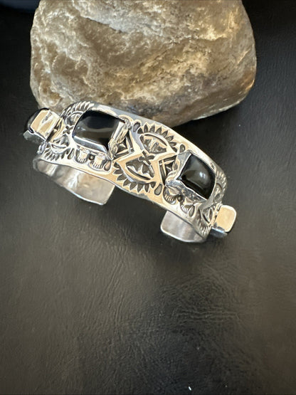 Mens Womens Navajo Sterling Silver Black Onyx Cluster Cuff Bracelet 7.5" 19432