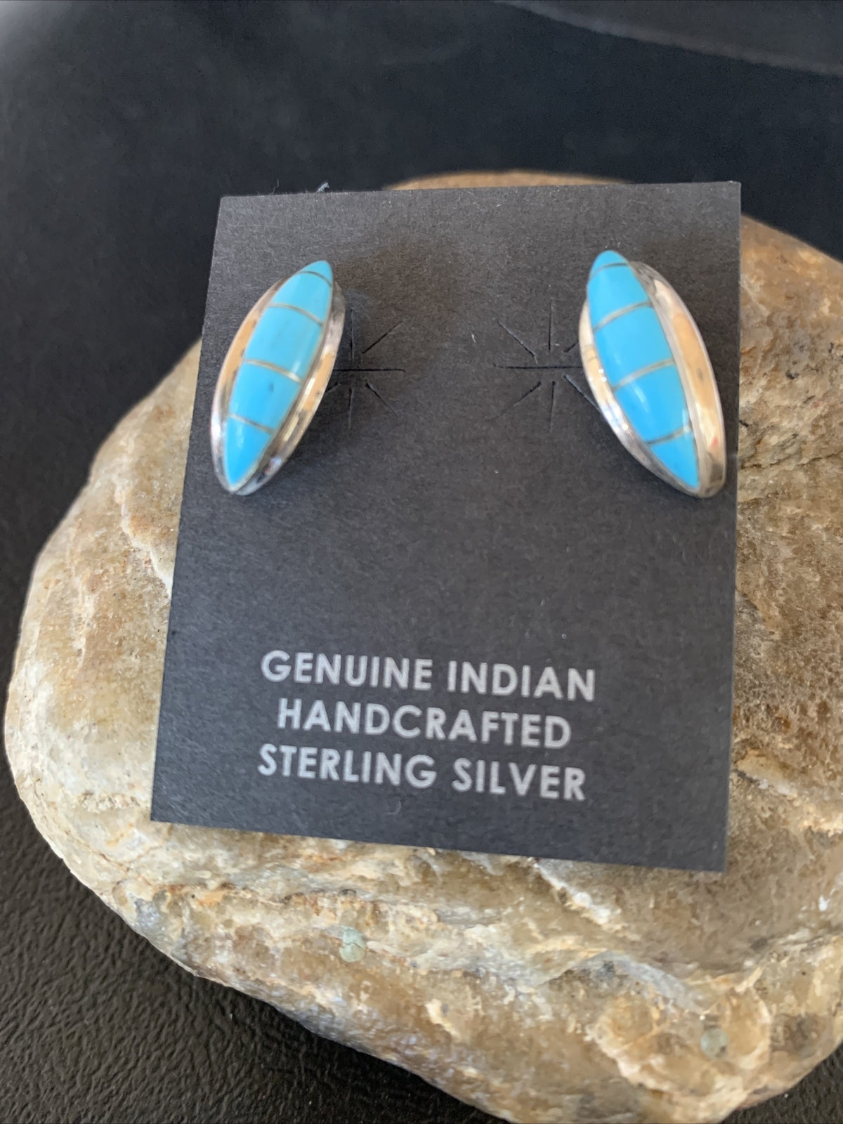 Southwestern Zuni Blue Turquoise Sterling Silver Inlay Hoop Earrings 0.75" 13023