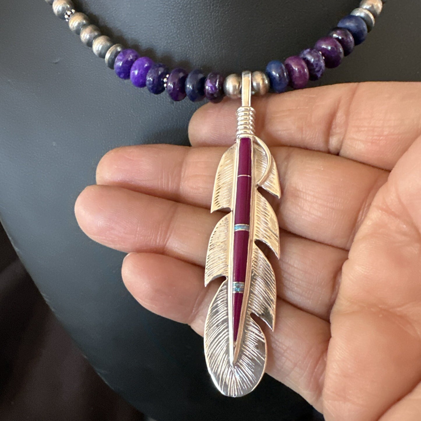 Feather Purple Stone Opal Pendant Sterling Silver Necklace 21” 18671