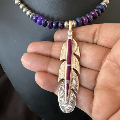 Feather Purple Stone Opal Pendant Sterling Silver Necklace 21” 18671