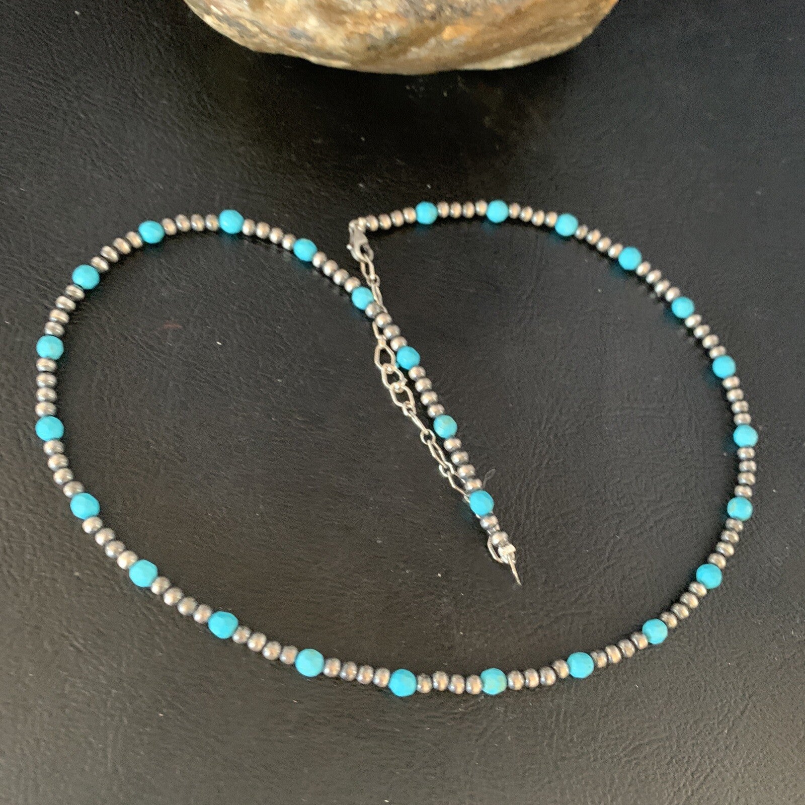 Minimalist Navajo Pearls 3mm Sterling Blue Turquoise Necklace 16" 13591