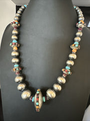 Multicolor Spiny Navajo Pearls Turquoise Necklace 23" | Sterling Silver | Authentic Native American Handmade | 19447
