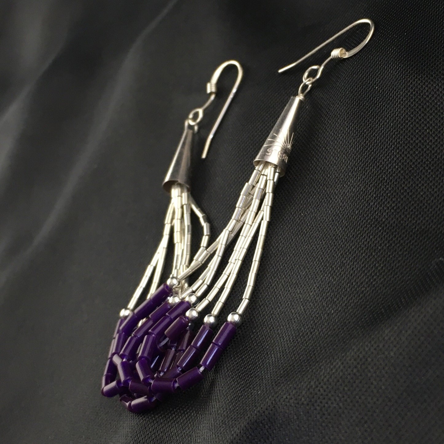 Purple Stone 3 Strands Heishi Liquid Sterling Silver Dangle Earrings 1997