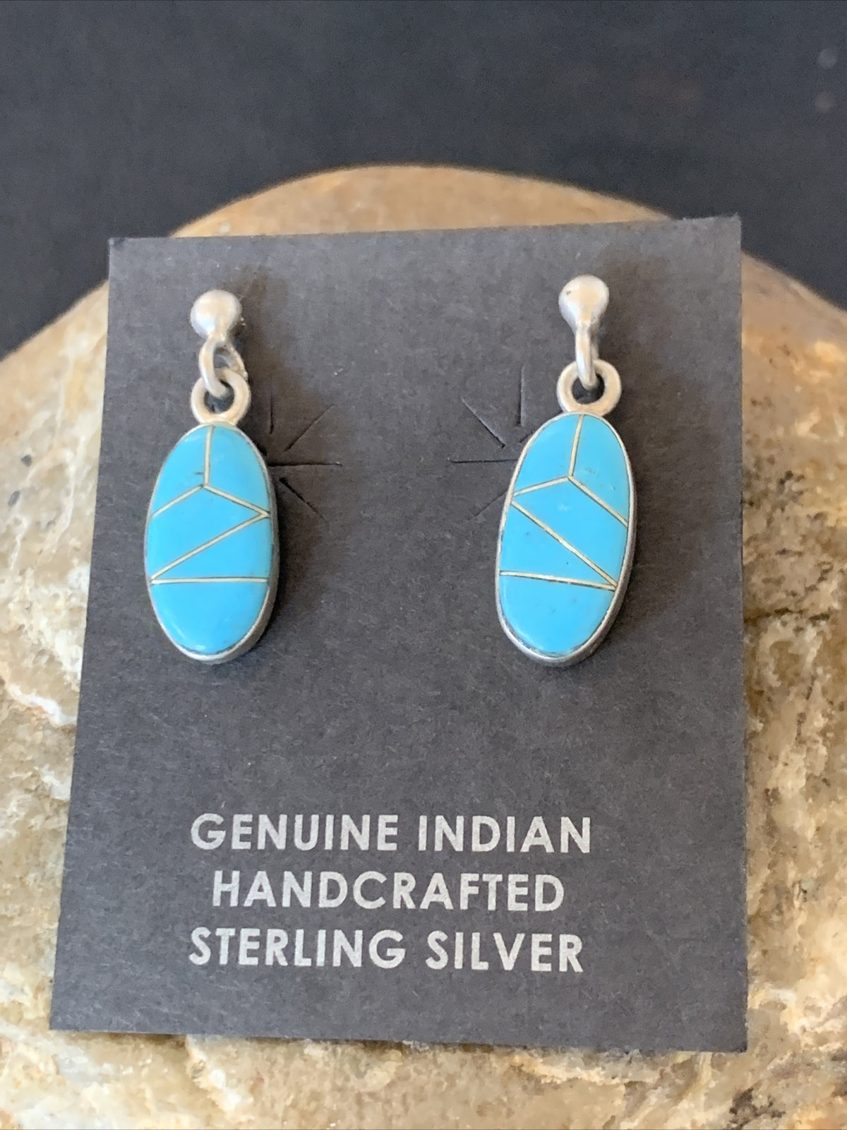 Navajo Blue Turquoise Sterling Silver Dangle Post Inlay Earrings 0.7" 12719