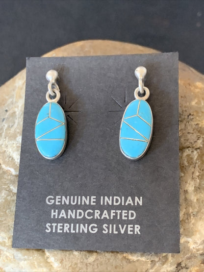Navajo Blue Turquoise Sterling Silver Dangle Post Inlay Earrings 0.7" 12719