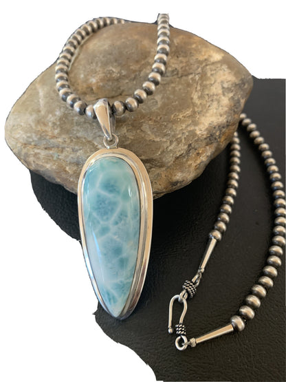 Womens Blue Larimar Pendant Navajo Sterling Silver Beads Necklace 01766