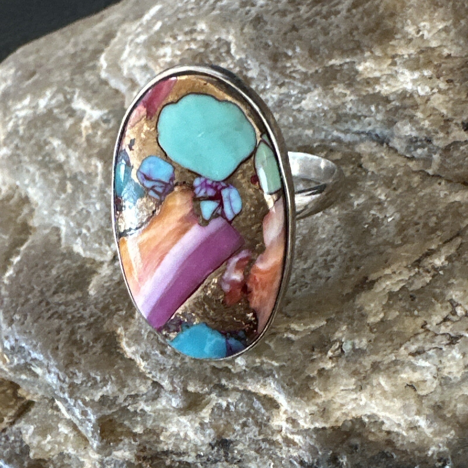 Blue Turquoise Spiny Oyster Navajo Sterling Silver Ring Size 8 18234