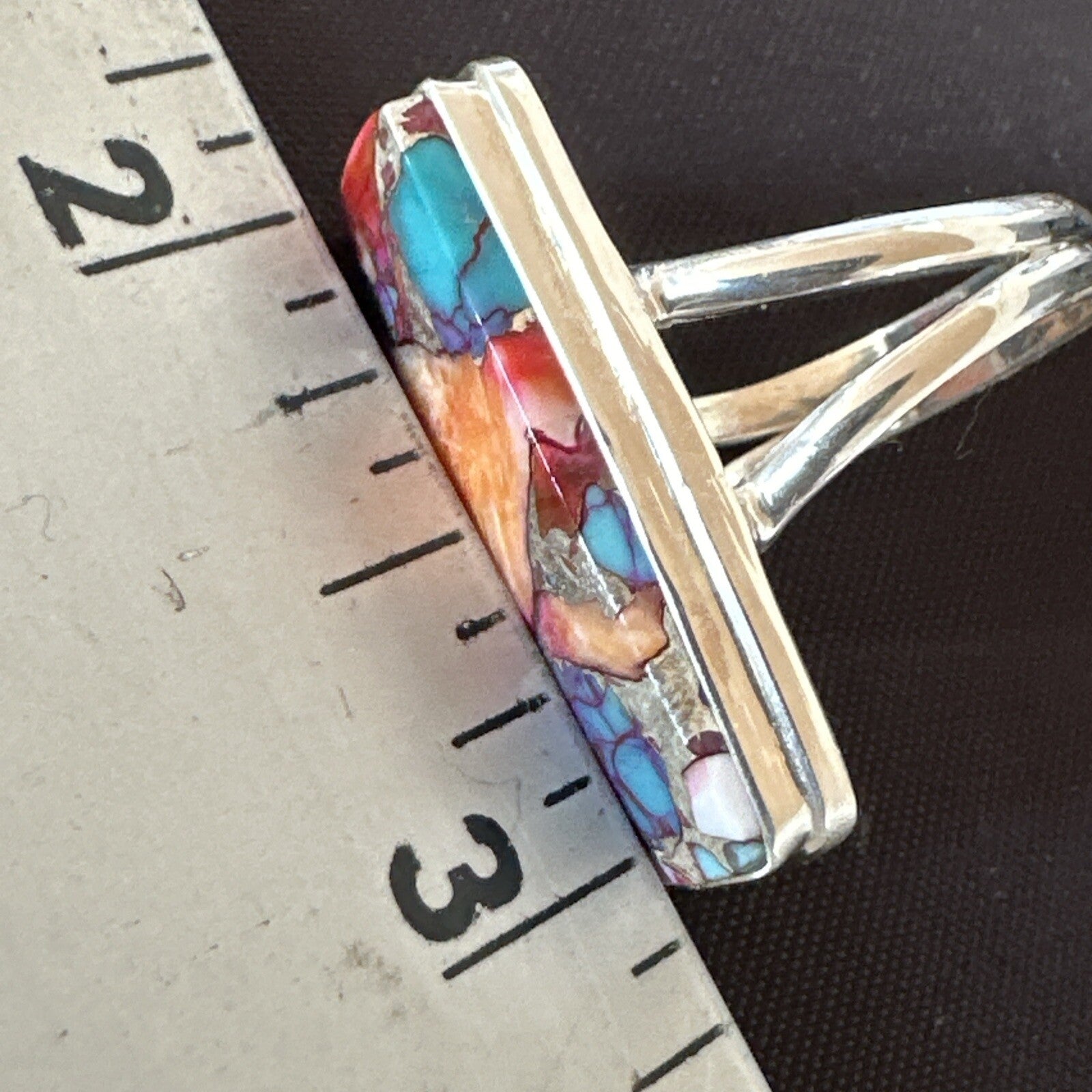 Blue Turquoise Orange Spiny Oyster Navajo Sterling Silver Ring Size 8 18219