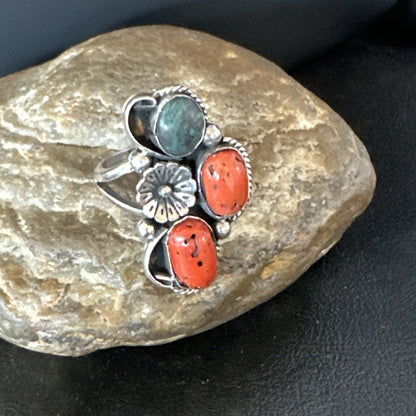 Multicolor Ring Turquoise Coral Spiny Navajo Sterling Silver Cluster 10.5 19195