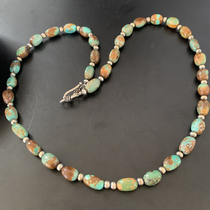 Green Royston Turquoise Bead Navajo Sterling Silver Beads Necklace 11465
