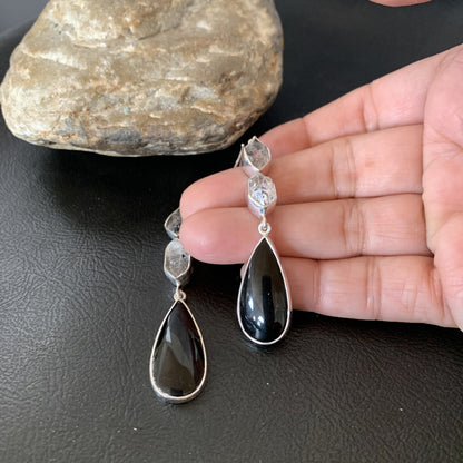 Black Onyx & Quartz Navajo Sterling Silver Dangle Earring 2" 12086
