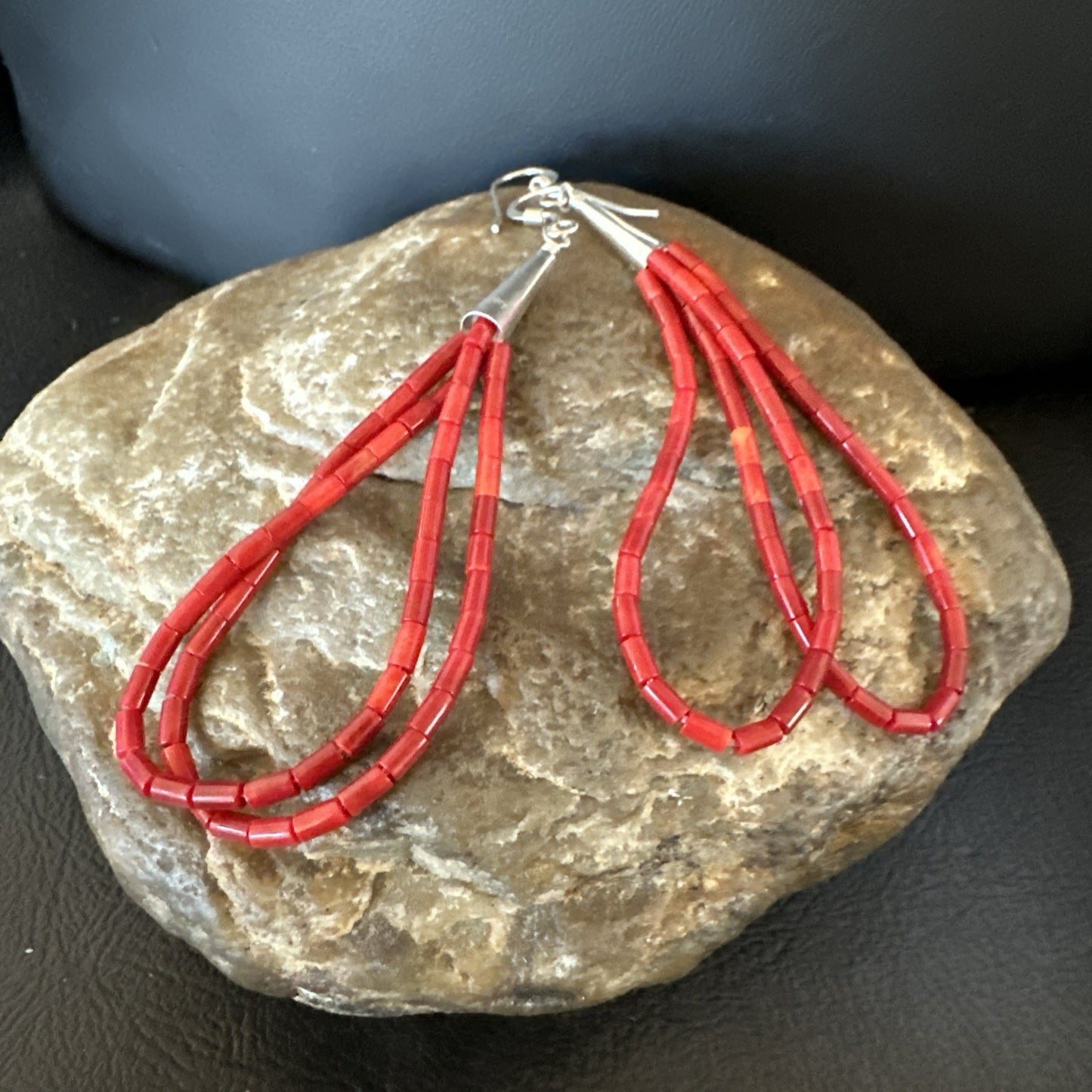 Apple Coral Tube Heishi Dangle Liquid Sterling Silver Earrings 2" 19042
