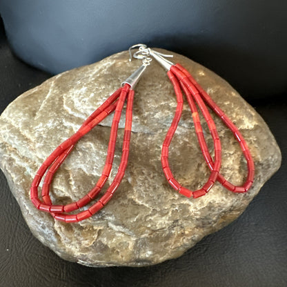 Apple Coral Tube Heishi Dangle Liquid Sterling Silver Earrings 2" 19042