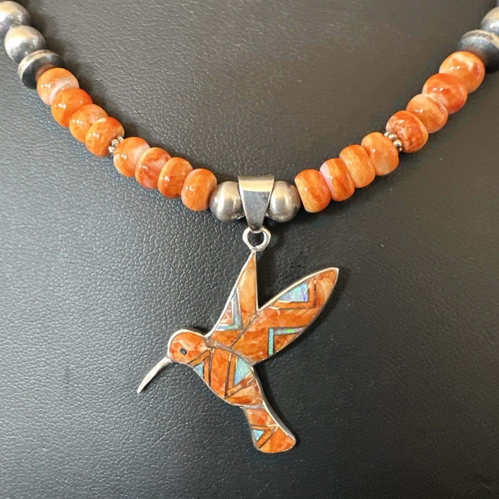 HummingBird Orange Spiny Oyster Opal Sterling Silver Necklace Pendant 18675