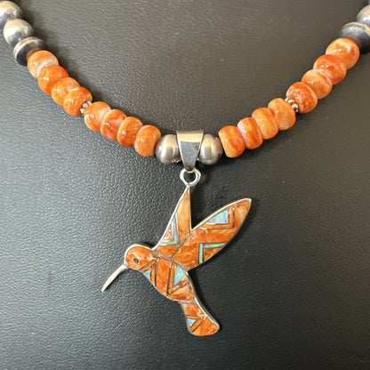 HummingBird Orange Spiny Oyster Opal Sterling Silver Necklace Pendant 18675
