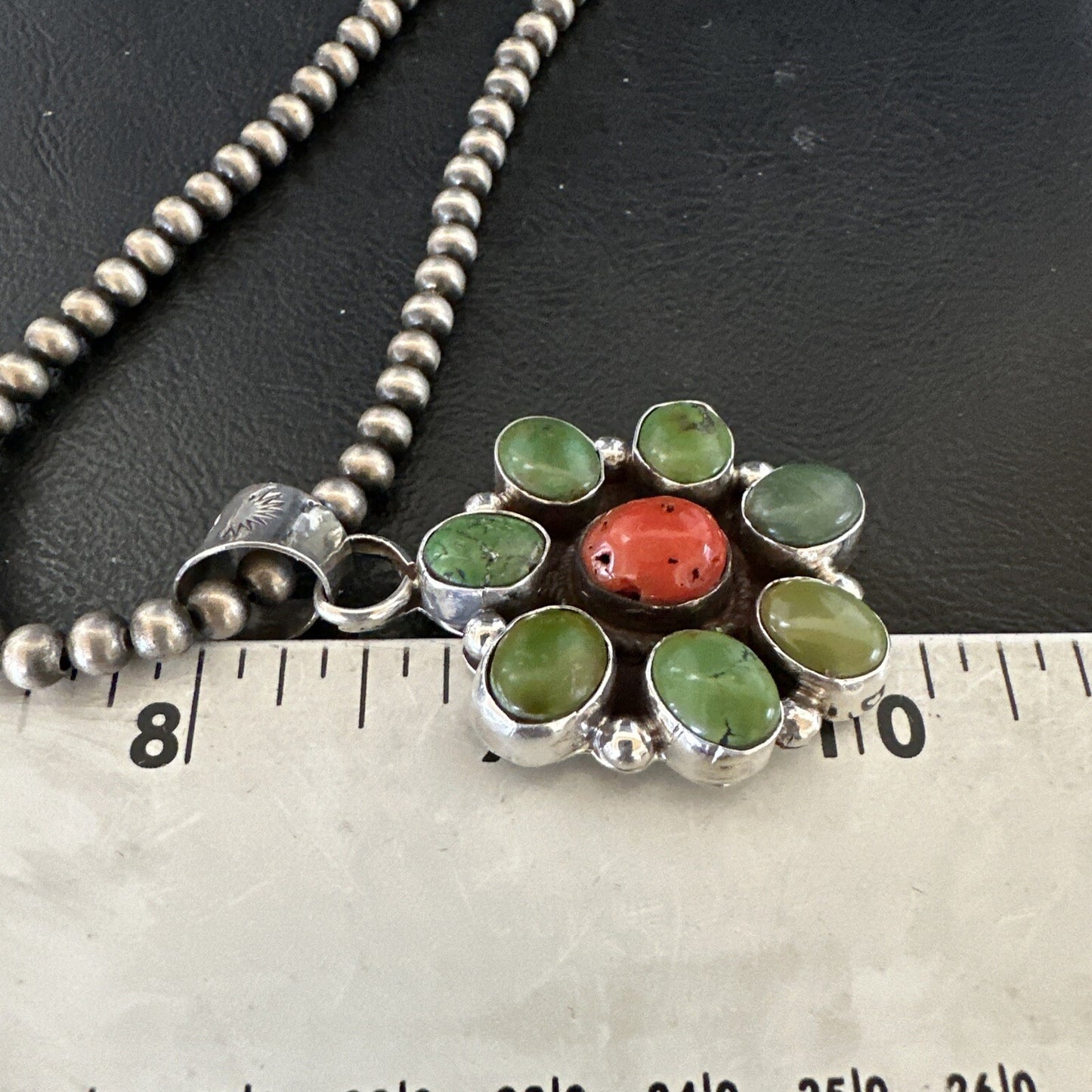 Navajo Sterling Cluster Red Turquoise Pendant Necklace 17711