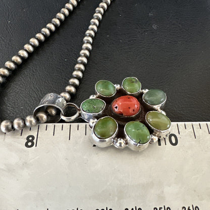 Navajo Sterling Cluster Red Turquoise Pendant Necklace 17711
