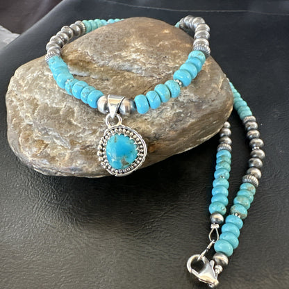 WoMens Blue Kingman Turquoise Pendant Navajo Sterling Silver Necklace 21" 17930