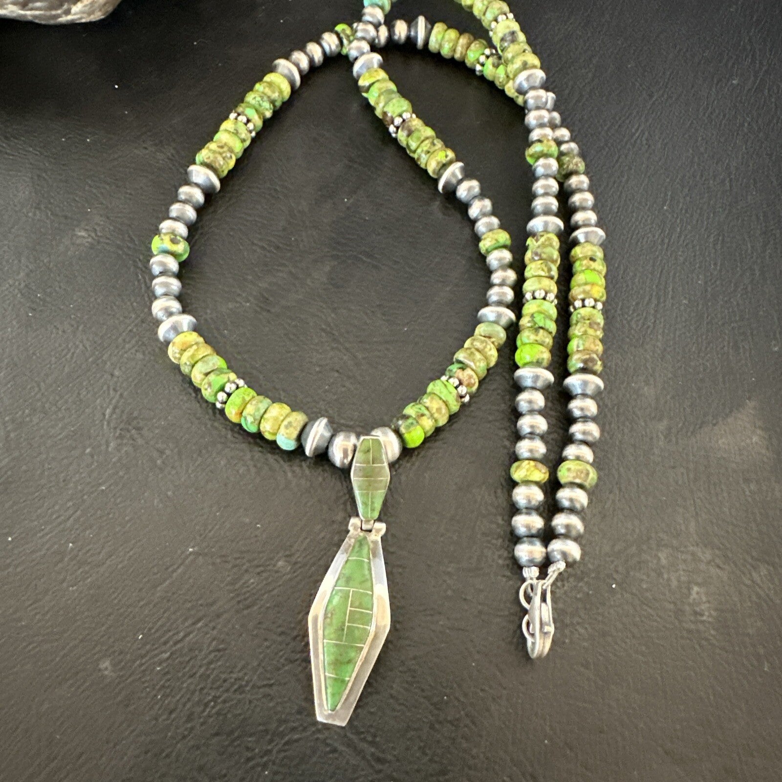 Womens Green Gaspeite Turquoise Pendant Navajo Sterling Silver Necklace 17881