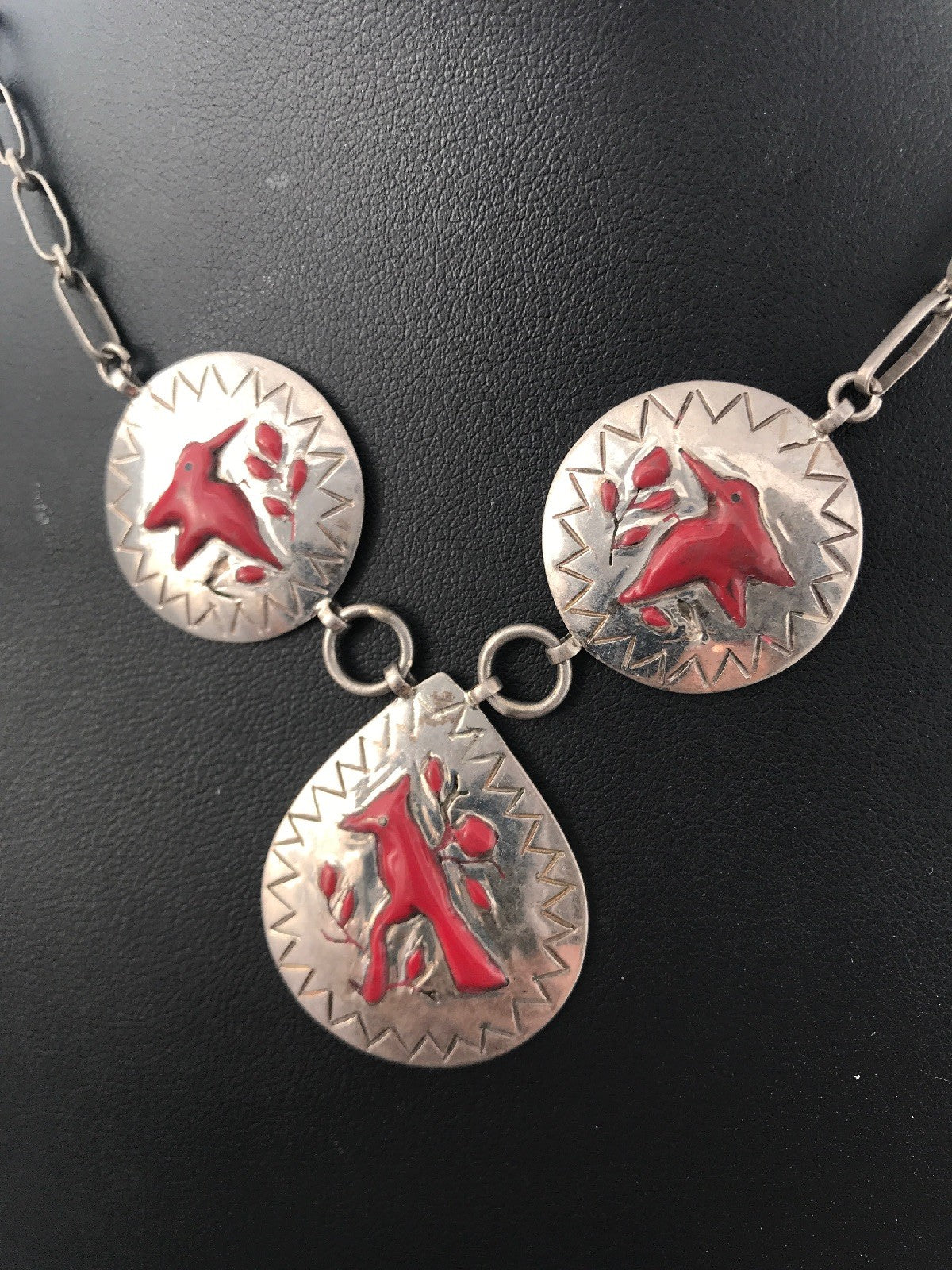 Coral Pendant Zuni Sterling Silver Cardinal Old Pawn Necklace Earrings 01133N
