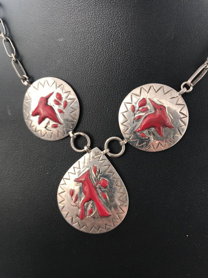 Coral Pendant Zuni Sterling Silver Cardinal Old Pawn Necklace Earrings 01133N