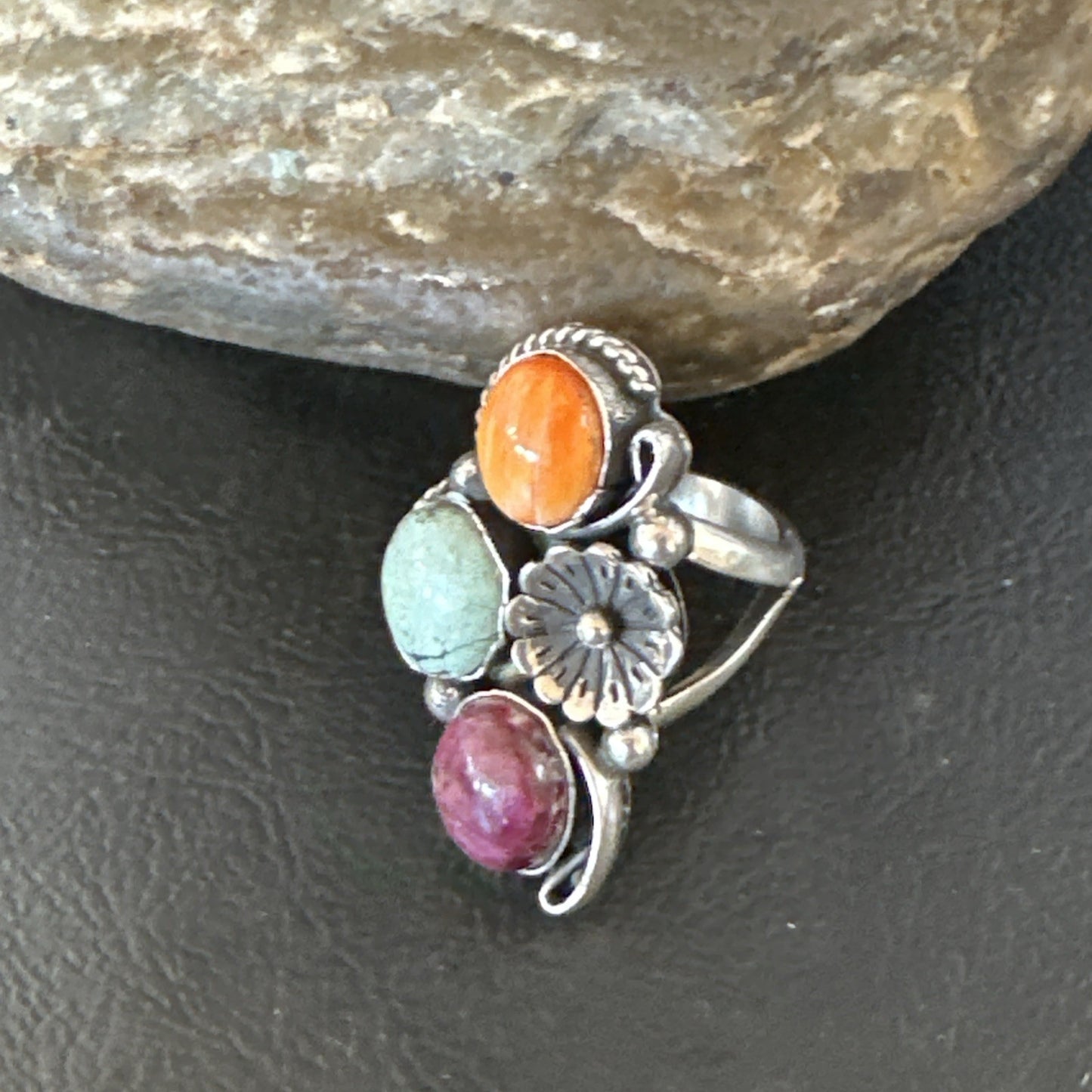 Multicolor Ring Turquoise Spiny Navajo Sterling Silver Cluster Size 8 19170