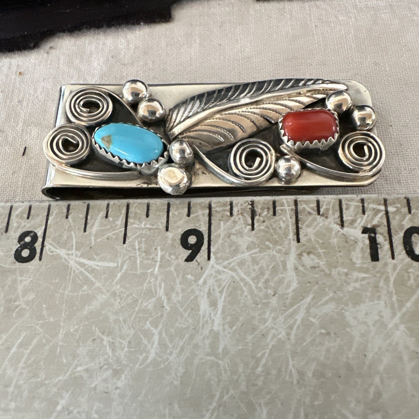 Mens Women Blue Turquoise Coral Navajo Stainless Stamped Silver Money Clip 19735