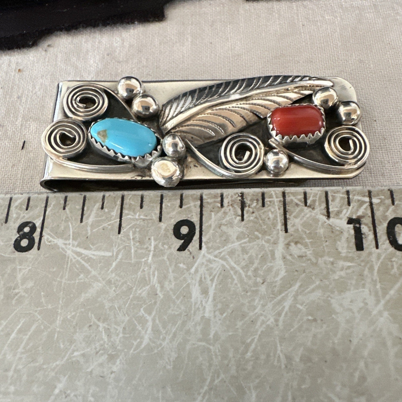 Mens Women Blue Turquoise Coral Navajo Stainless Stamped Silver Money Clip 19735