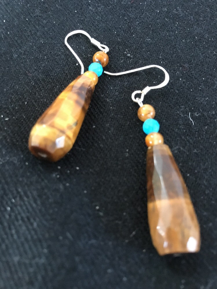 Tiger's Eyes Turquoise Faceted Navajo Sterling Silver Dangle Earrings 01995