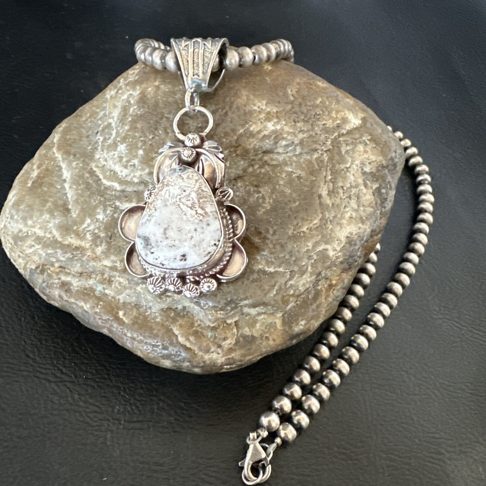White Buffalo Turquoise Pendant  Sterling Silver Beads Necklace 17986