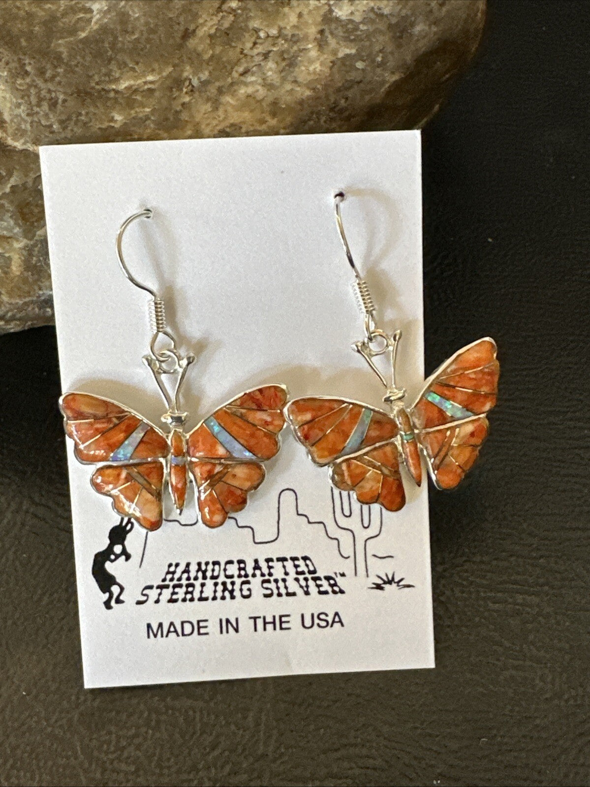 Butterfly Orange Spiny Oyster Opal Inlay Sterling Silver Dangle Earrings 18555