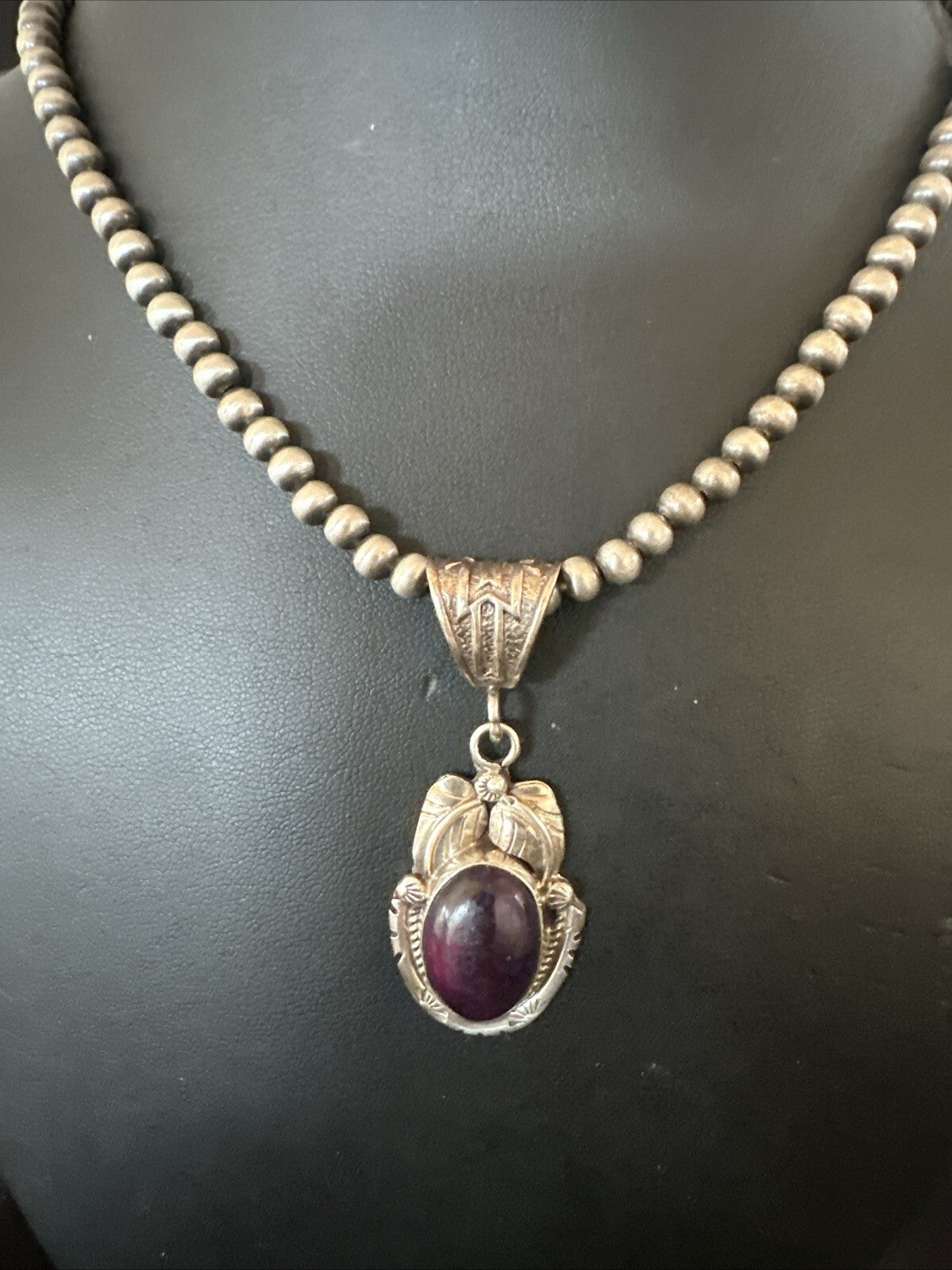 Purple Stone Pendant Navajo Pearls Sterling Silver Necklace 20” 18392