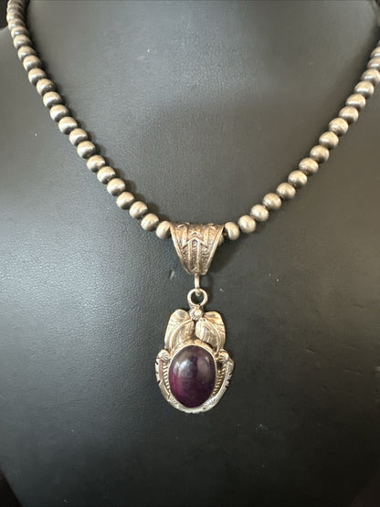 Purple Stone Pendant Navajo Pearls Sterling Silver Necklace 20” 18392
