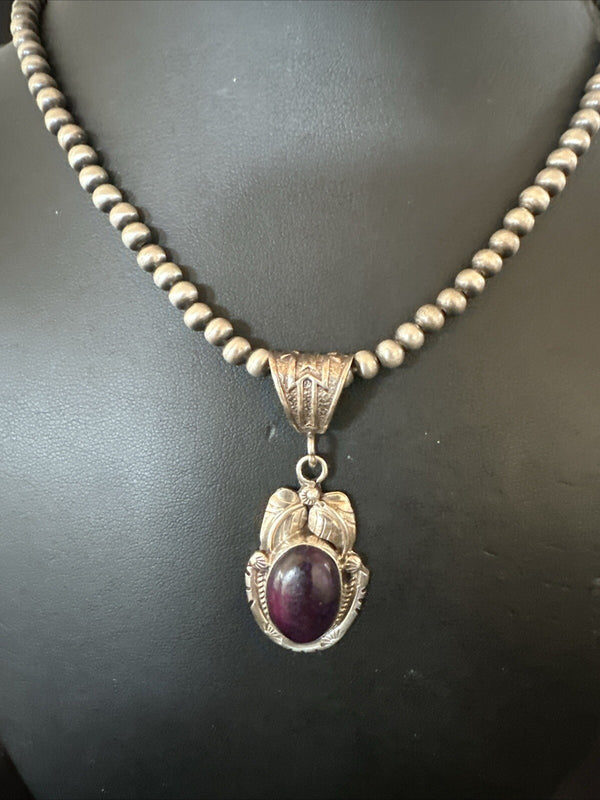 Purple Stone Pendant Navajo Pearls Necklace 20" | Sterling Silver | Authentic Native American Handmade | 18392