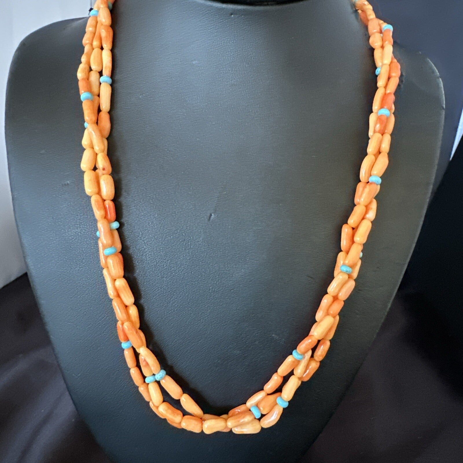 Native Turquoise Orange Coral Sterling Silver 3 Strand Necklace 21" 17818