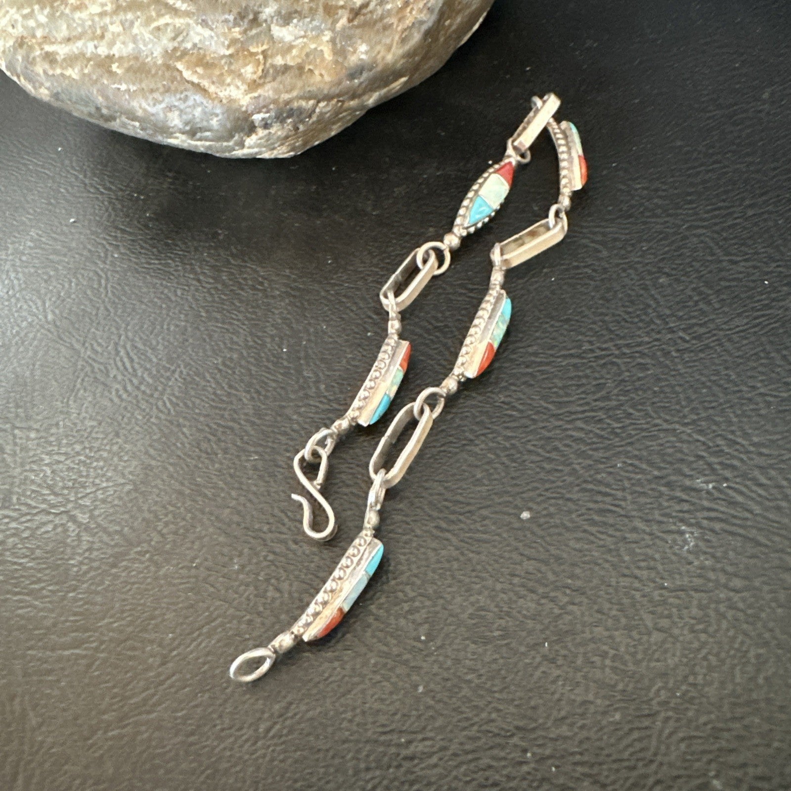 Women Oldpawn Turquoise Opal Coral Navajo Sterling Silver Link Bracelet 8” 19798