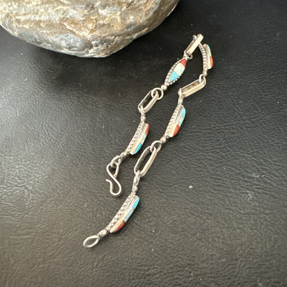 Women Oldpawn Turquoise Opal Coral Navajo Sterling Silver Link Bracelet 8” 19798