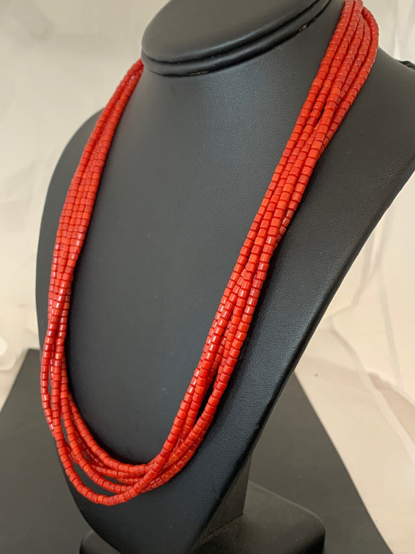Bamboo Coral Bead Navajo Necklace | Sterling Silver | Authentic Native American Handmade | 2851