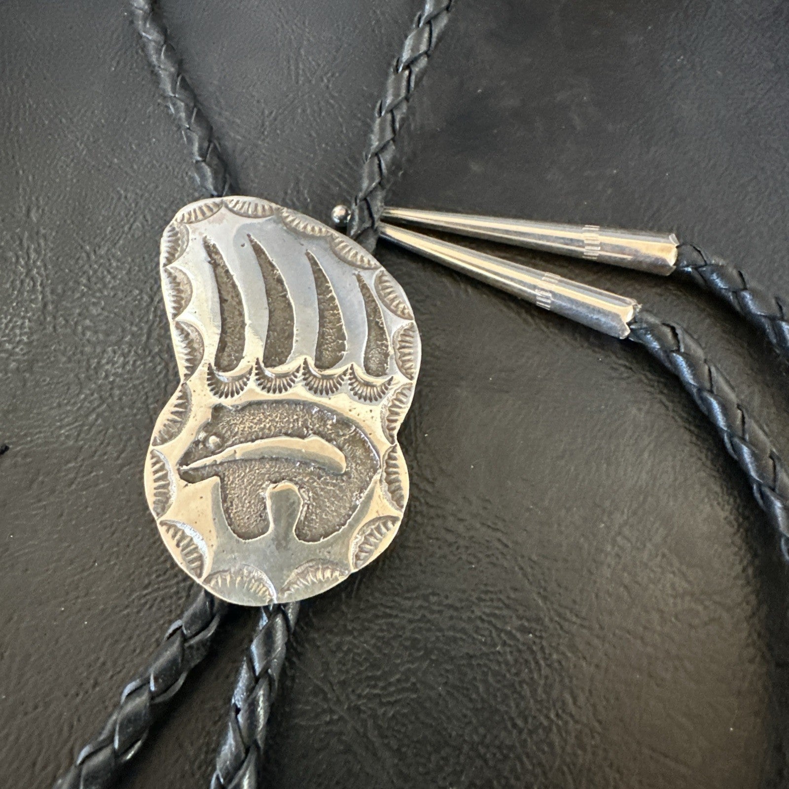 Native American Hopi Mens BearPaw Bolo tie Sterling Silver 2" 19162