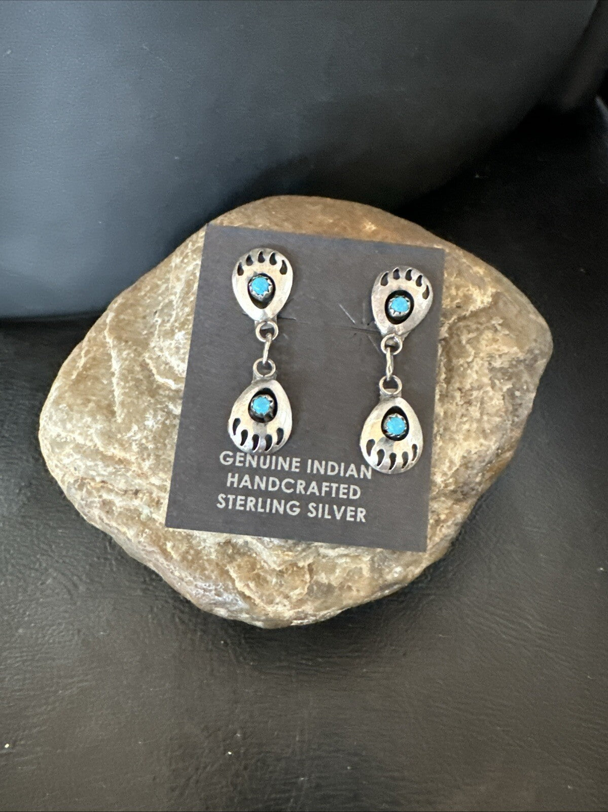 Navajo Blue Turquoise Sterling Silver Post Dangle Bear Paw Earrings 1.30" 4520