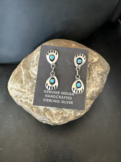 Navajo Blue Turquoise Sterling Silver Post Dangle Bear Paw Earrings 1.30" 4520