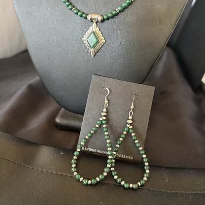 Womens Green Malachite Pendant Navajo Sterling Silver Necklace Earrings 18374