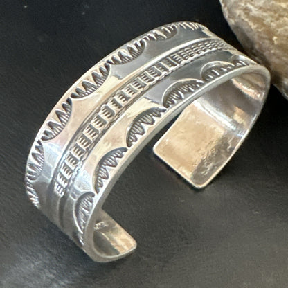 Stamped Cuff Bracelet Native American Navajo Sterling Silver 18042